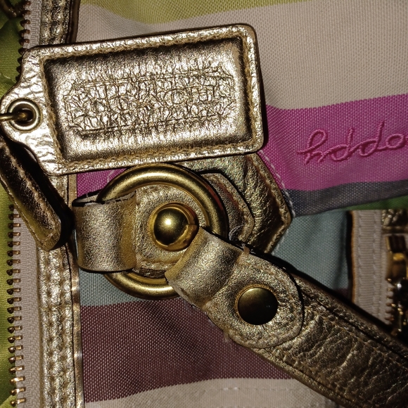 COACH  POPPY BAG , GOLD LEATHER TRIM, STRIPED FABRIC GENTLY USED  "As Is" - Picture 5 of 13